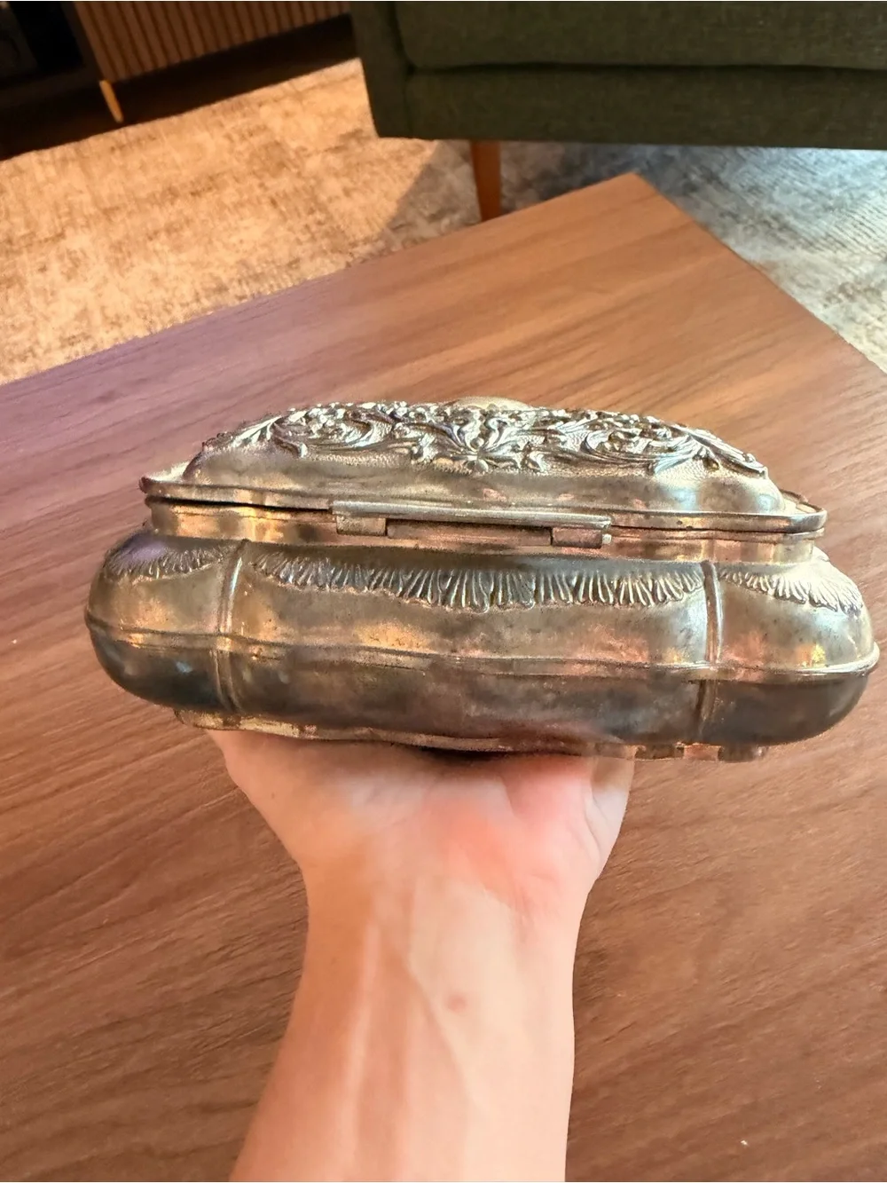 VTG Silver Plated Repousse Jewelry Trinket Box Red Velvet Lined Scroll Design